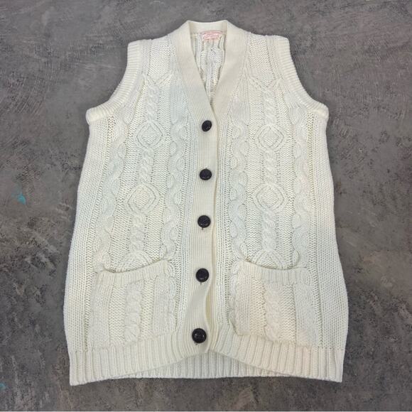 Vintage 70s Small Ivory Chunky Knit Cable Knit Cardigan Style Sweater Vest - Picture 5 of 10